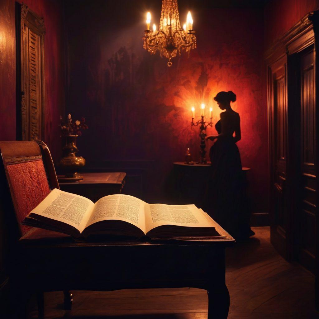 A sultry, dimly lit room filled with rich textures, where an open book with pages fluttering dances in the gentle breeze. Silhouettes of tantalizing figures are woven into the background, hinting at the stories within. Golden candlelight casts playful shadows on the walls, evoking a sense of intrigue and allure. Romantic, deep red and purple hues dominate the palette, inviting viewers into the depths of desire and passion. moody lighting. super-realistic. rich textures.