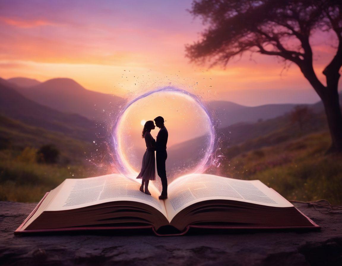 A captivating scene showcasing an open book with glowing, flowing words spilling out, intertwining with ethereal images of romantic encounters. In the background, a surreal landscape of soft colors evokes passion and intimacy, with silhouettes of couples in various sensual poses. The overall ambiance should be warm and inviting, depicting the magic of storytelling. ethereal art. vibrant colors. soft focus.