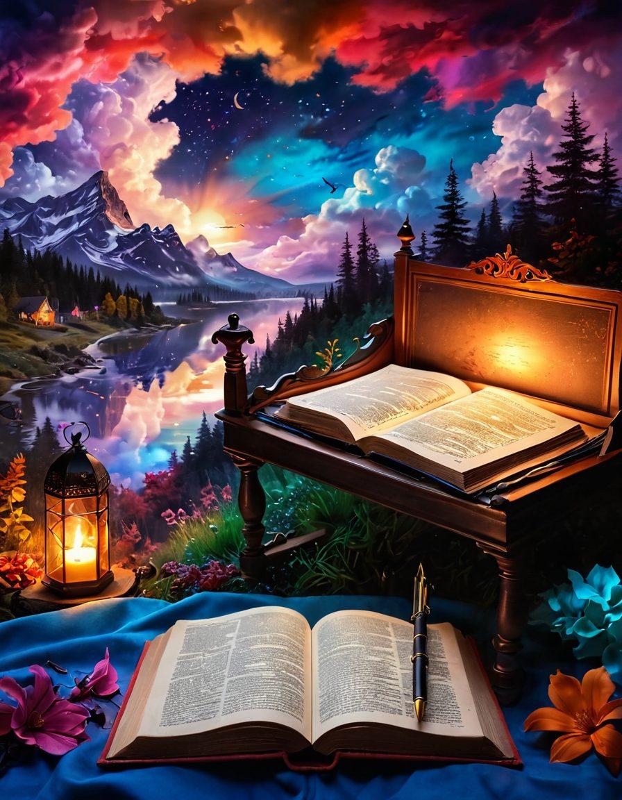 An open book surrounded by swirling clouds of vibrant colors, revealing steamy scenes and fantastical characters spilling out. A quill pen lies next to it, ink glistening, as soft candlelight flickers nearby casting shadows of passion on the pages. The background hints at a mythical landscape merging with a romantic bedroom, inviting readers into an enchanting world. surreal, vibrant colors, soft lighting.